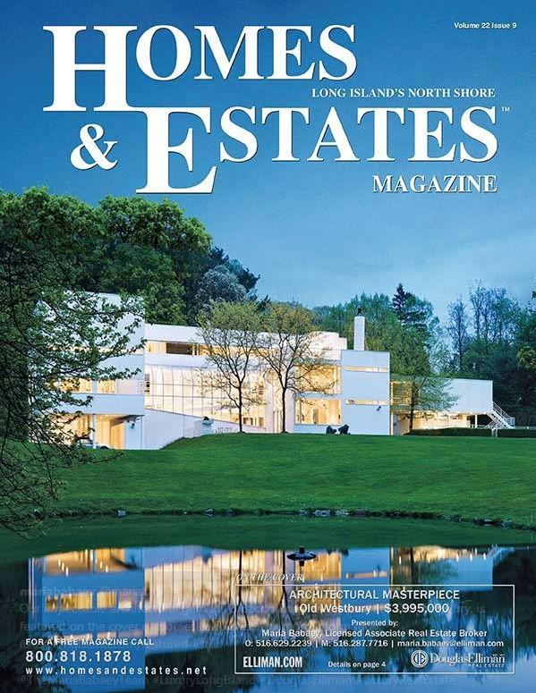 Architectural Gem at 73 Bacon Road in Old Westbury Graces the cover of Homes & Estates Magazine